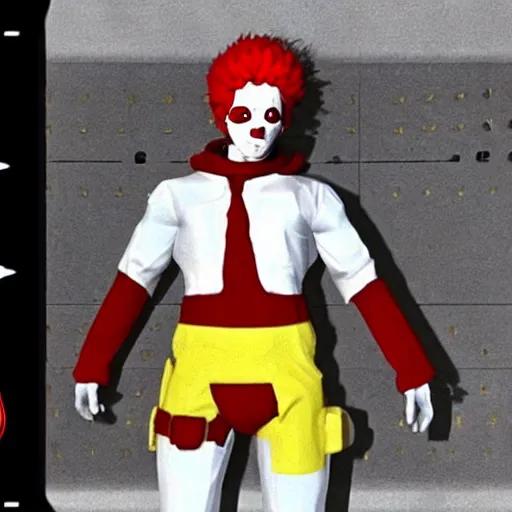 Prompt: image of ronald mcdonald, white face, red afro, red nose and yellow outfit as an enemy in metal gear solid 1 video game, with low poly playstation 1 graphics, upscaled to high resolution