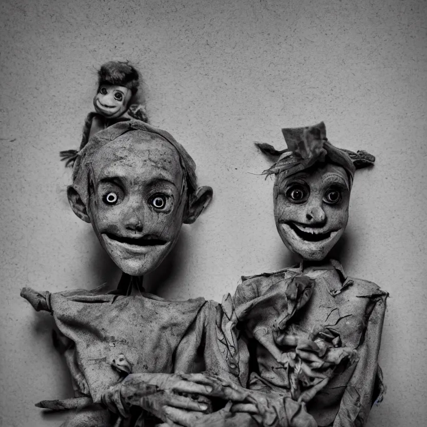 Image similar to creepy ventriloquist dummy in the style of roger ballen, 4 k, bw, portrait