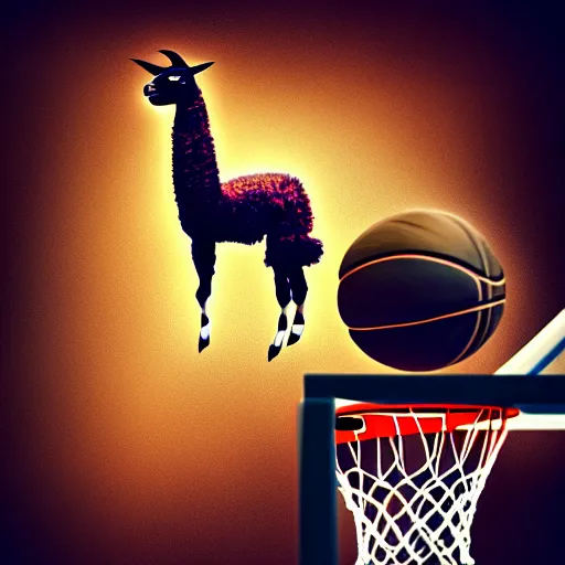 Image similar to a llama dunking a basketball, 4 k, digital art, high resolution, trending on artstation