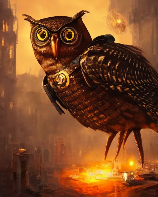 Image similar to oil painting of Anthropomorphized Steampunk Owl shooting steampunk gun, sharp focus, exploding golden steampunk city background, heroic pose, fantasy style, octane render, volumetric lighting, 8k high definition, by greg rutkowski, highly detailed, trending on art Station, magic the gathering artwork, centered, dramatic artwork