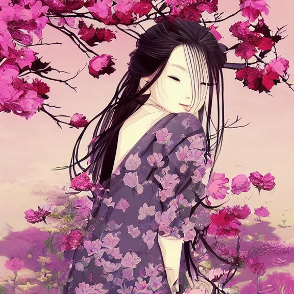 Image similar to landscape， stencil, anime, traditional Japanese, beautiful portrait of a girl surrounded by flowers, half of her body in a lotus pond,by artgerm， by Førtifem, digital art, purple color scheme