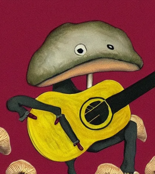 Image similar to a toad on a mushroom playing guitar