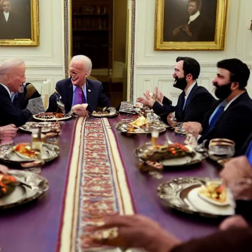 Image similar to 4 k hdr portrait wide angle photo of president joe biden laughing at a dinner table meeting surrounded by taliban terrorist leaders