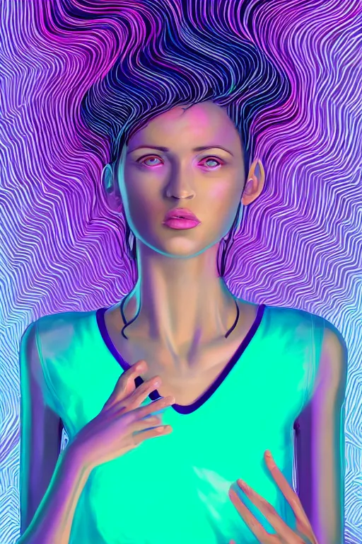 Image similar to a award winning half body portrait of a beautiful woman with stunning eyes in a croptop and cargo pants with ombre purple pink teal hairstyle and hands in pockets by thomas danthony, surrounded by whirling illuminated lines, outrun, vaporware, shaded flat illustration, digital art, trending on artstation, highly detailed, fine detail, intricate