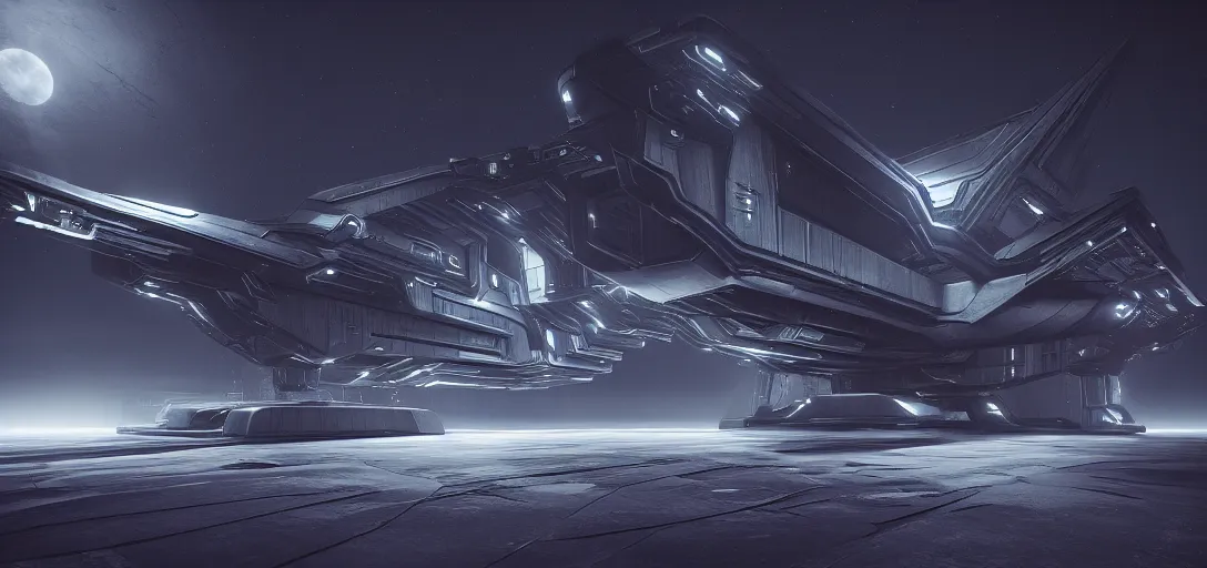 Image similar to dramatic render of exterior of dark futuristic spaceship at night, nebula, ambient occlusion, raytracing, unreal engine, detailed, 3 d artstation by h. r giger and neil blevins