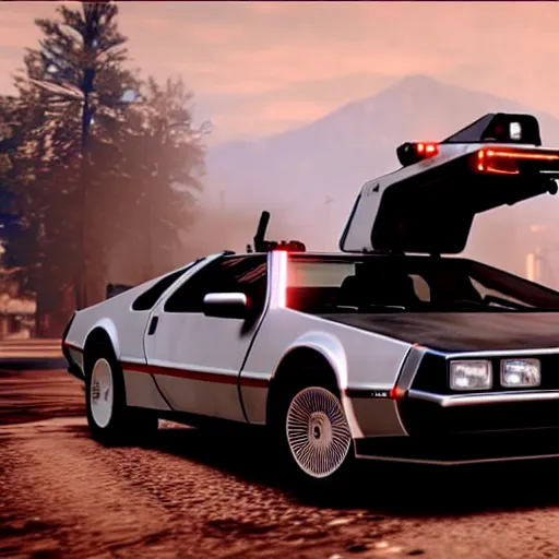 Image similar to dmc 1 2 delorean with a jet engine on the back in red dead redemption 2