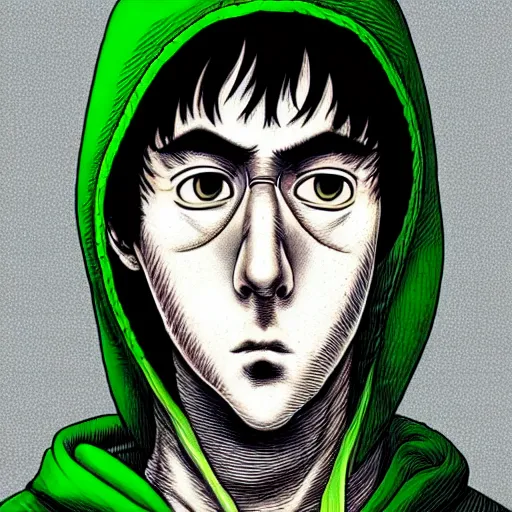 Image similar to portrait of programmer with green hood by junji ito