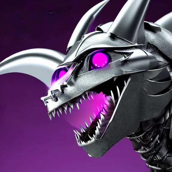 Image similar to high quality close up headshot of a cute beautiful stunning robot anthropomorphic female dragon with metal cat ears, with sleek silver metal armor, purple flesh, glowing LED eyes, facing the camera, high quality maw open and about to eat you, you being dragon food, the open maw being detailed and soft, sharp teeth, soft lulling tongue, highly detailed digital art, furry art, anthro art, sci fi, warframe art, destiny art, high quality, 3D realistic, dragon mawshot, maw art, furry mawshot, macro art, dragon art, Furaffinity, Deviantart