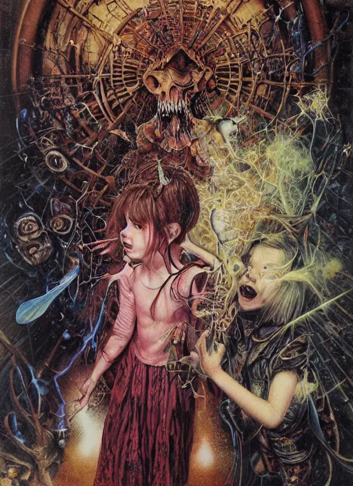 Prompt: realistic detailed image of a young kids performing an occult ritual and summoning a demon in an old soviet public bathroom by Ayami Kojima, Amano, Karol Bak, Greg Hildebrandt, and Mark Brooks, Neo-Gothic, gothic, rich deep colors. Beksinski painting, part by Adrian Ghenie and Gerhard Richter. art by Takato Yamamoto. masterpiece