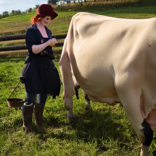 Prompt: christina hendricks milking cow in farm,