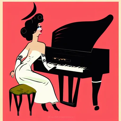 Image similar to vintage beautiful woman, wearing devil horns and sitting in an piano, retro cartoon