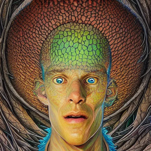 Image similar to fungus labyrinth mohawk scales manifestor portrait by gaston bussierre and charles vess and james jean and erik jones and rhads, inspired by rick and morty, epic, funny, huge scale, beautiful fine face features, intricate high details, sharp, ultradetailed