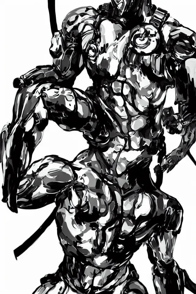 Image similar to a full - body portrait of cyborg ninja oda nobunaga, in yoji shinkawa's art style, metal gear solid art style, highly detailed, 4 k, artistic, white background, b & w