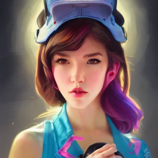 Image similar to a beautiful scenic painting of a beautiful young woman that looks like dva by artgerm and wlop and wes anderson and spike jonze