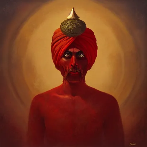 Image similar to old indian guru, turban, creepy, red and gold, meditation, by Anato Finnstark, Tom Bagshaw, Brom