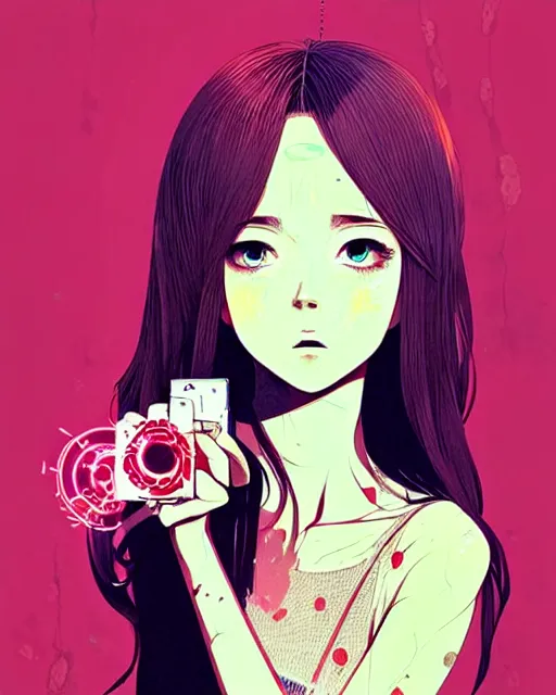 Image similar to girl holding flashbang, detailed manga illustration!! intricate details, beautiful perfect face, perfect body, aesthetically pleasing pastel colors, poster background, aesthetic details, art by conrad roset and ilya kuvshinov