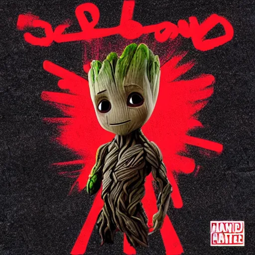 Prompt: baby groot and random japanese words with red and black colors as scarlxrd album cover