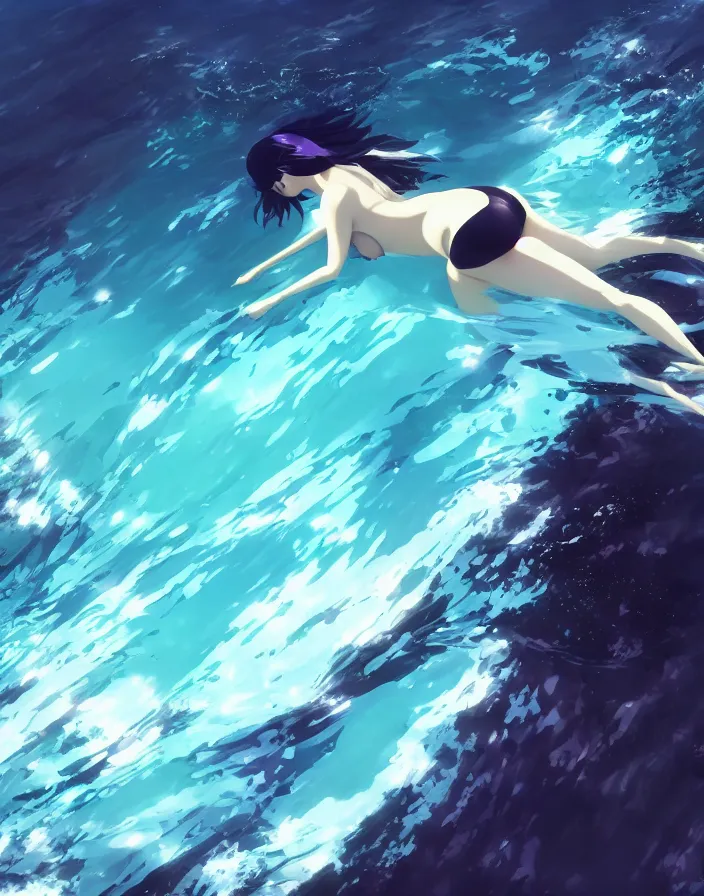 Image similar to a woman swimming underwater in a black bikini, matte, art by ilya kuvshinov and kyoto animation and ruan jia and ross tran, studio quality, aniplex,