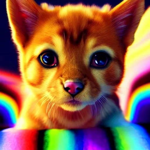 Image similar to photorealistic puppies, kittens, and rainbows. hyperdetailed photorealism, 1 0 8 megapixels, amazing depth, glowing rich colors, powerful imagery, psychedelic overtones, 3 d finalrender, 3 d shading, cinematic lighting, artstation concept art