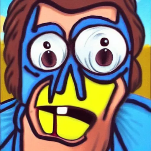 Prompt: nic cage as spongebob squarepants, buff, painted portrait, highly detailed,