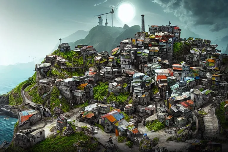 Prompt: classical favela sculpture, fantasy shopping environment, industrial factory, cliffs, sunny, milky way, award winning art, epic dreamlike fantasy landscape, ultra realistic,