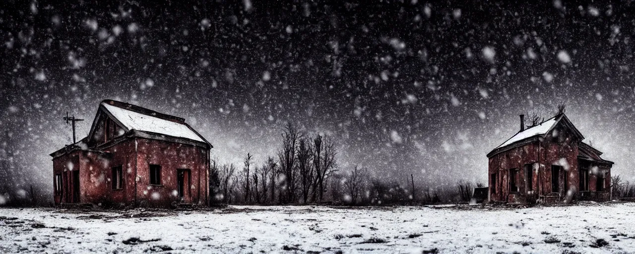 Image similar to landscape, soviet military, abandoned lifeless house, dark winter evening, snowing, atmospheric, mystical, very detailed 4 k