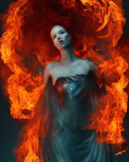 Image similar to woman wearing burning dress engulfed in large glowing flames, Alexander McQueen, Elden Ring, billowing smoke, fashion photoshoot, raymond swanland, artgerm,