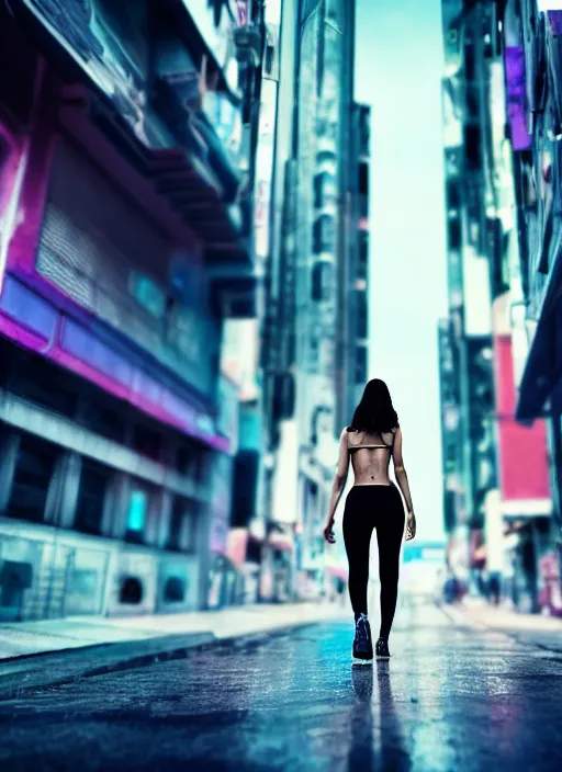 Image similar to beautiful photo of a beautiful woman walking through a ( ( ( cyberpunk city ) ) ), full body, hyper realistic, 8 k, dslr, 3 mm, highly detailed photograph