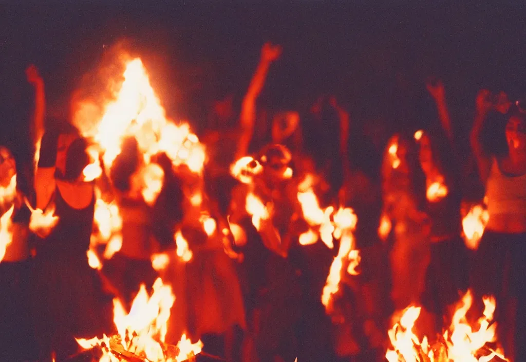 Image similar to lomo photo of young women dancing in ecstasy around a bonfire as the dark ritual begins, cinestill, bokeh, out of focus