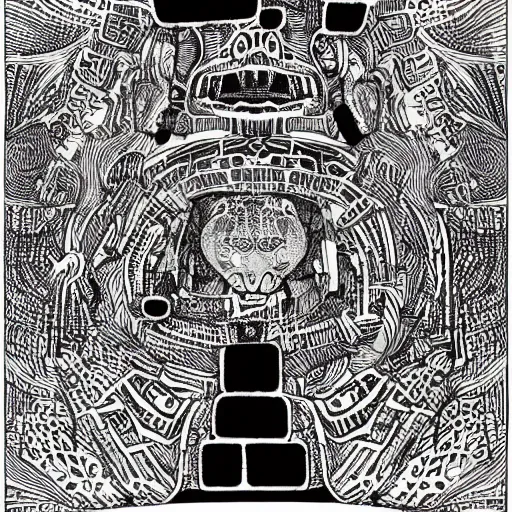 Image similar to b & w illustration of mayan jaguar warrior, resolved, showing conviction or humor by a gloomy silence or reserve, by studio multi and victo ngai, malika favre, william s burroughs, cut up film
