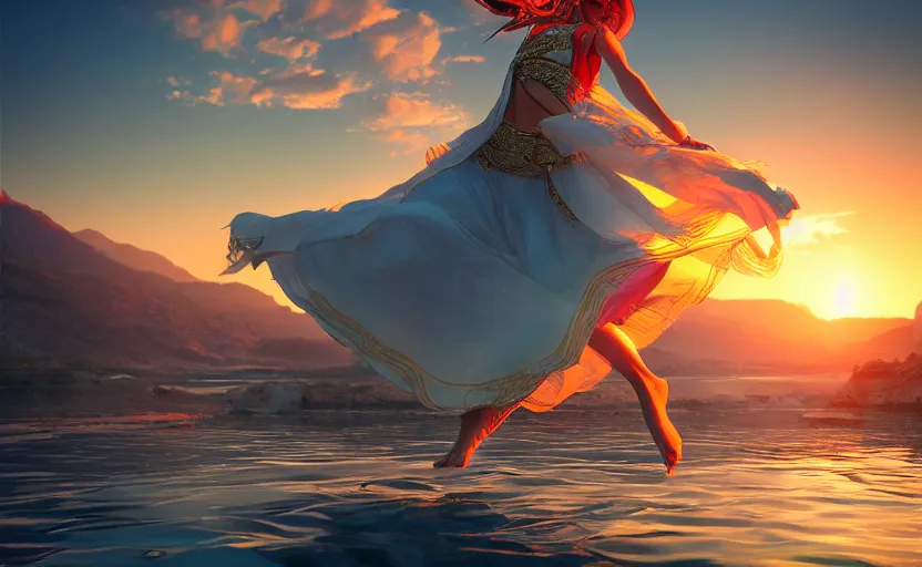 Image similar to Himalayan priestess dancing on water, beautiful flowing fabric, sunset, dramatic angle, 8k hdr pixiv dslr photo by Makoto Shinkai ilya kuvshinov and Wojtek Fus