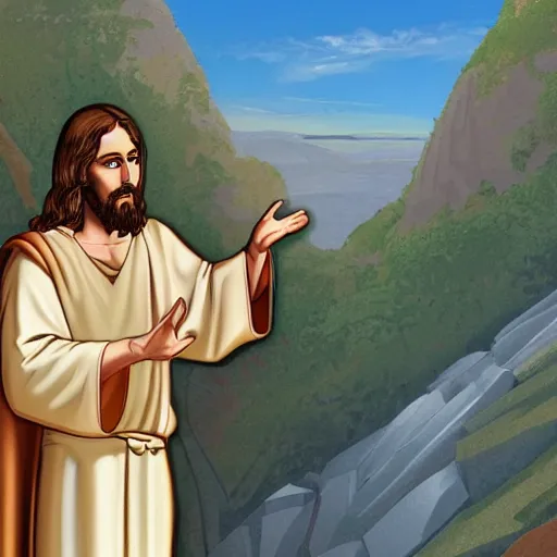 Prompt: Jesus giving the Sermon on the Mount, animation, detailed.