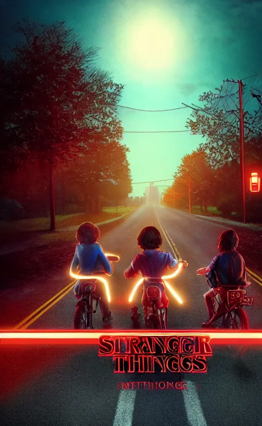 Image similar to stranger things inspired wallpaper, red ambience, at night, creepy over the street in the background, dynamic lighting, photorealistic fantasy concept art, trending on art station, stunning visuals, creative, cinematic, ultra detailed