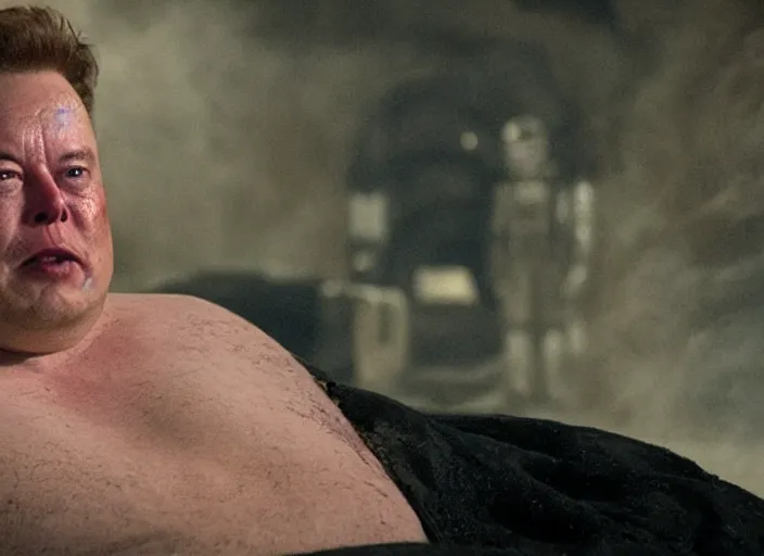 Image similar to elon musk as baron harkonnen in a black oil bath, Dune, Denis Villeneuve, film look