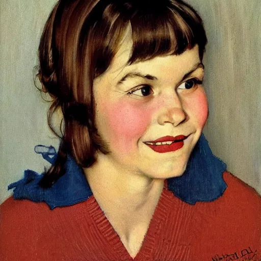 Image similar to Front portrait of a woman with bangs, and a sweater over a shirt and tie. Painting by Norman Rockwell.