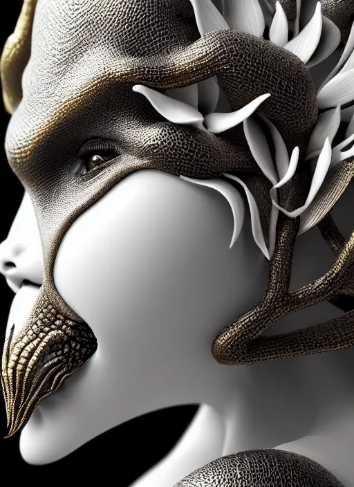 Image similar to bw contrasted close - up profile face, black background, beautiful young porcelain vegetal - dragon - cyborg - female, 1 5 0 mm, beautiful natural soft rim light, silver gold details, magnolia leaves and stems, roots, mandelbot fractal, elegant, ultra detailed, white metallic armour, octane render, h. r. giger style