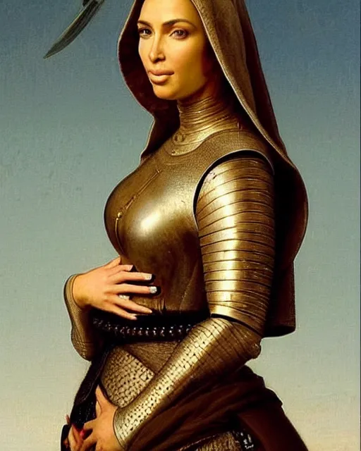 Image similar to kim kardashian as armored battle nun, delicate detailed medieval portrait in the style of eugene de blaas, perfect face