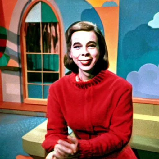 Prompt: lady aberlin in mister rogers land of make believe 1960s TV studio promotional color still