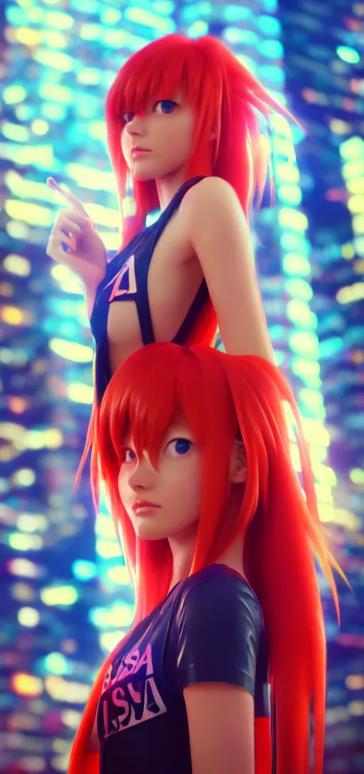 Image similar to asuka langley in a neon city, octane render 8 k, photorealistic render, atmospheric render, beautiful face, cute, realistic skin, redshift render, realistic reflections