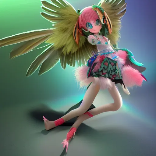 Prompt: cute fumo plush of a harpy girl with a rich plume of detailed colorful feathers, green and read, parrot, anime girl, lens flare, vray