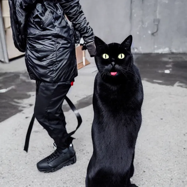 Image similar to a black cat wearing techwear, stylish, instagram, fashion design