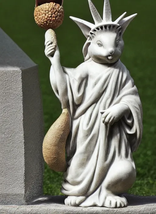 Image similar to A marble statue of a squirrel holding an acorn in the style of Statue of Liberty. museum photo