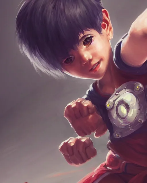 Image similar to a tiny kid with two huge powerful fist gauntlets, smooth, intricate, elegant, digital painting, artstation, concept art, sharp focus, illustration, art by koyoharu gotouge,