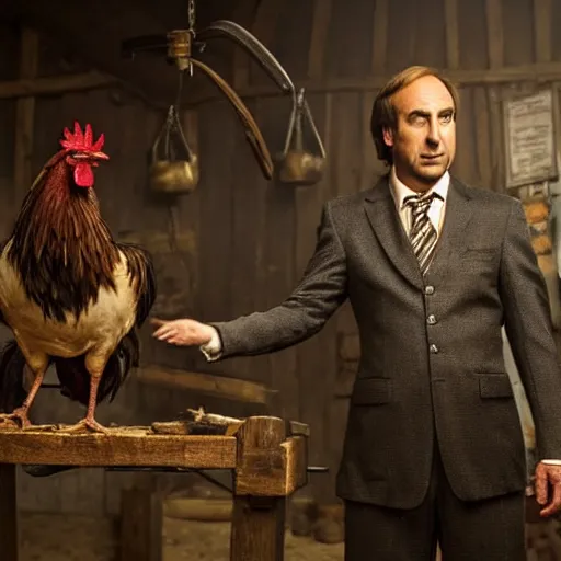 Prompt: saul goodman and a rooster in a medieval torture chamber, saw blades and knives in the background, horror movie, saul goodman, rooster!!!!!, real life photo, detailed face!