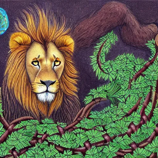 Prompt: a lion whose body is made of ( thorny vines ), fantasy art