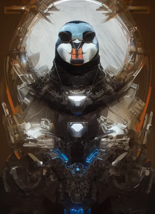 Image similar to symmetry!! portrait of penguin in the style of horizon zero dawn, machine face, intricate, elegant, highly detailed, digital painting, artstation, concept art, smooth, sharp focus, illustration, art by artgerm and greg rutkowski and alphonse mucha, 8 k