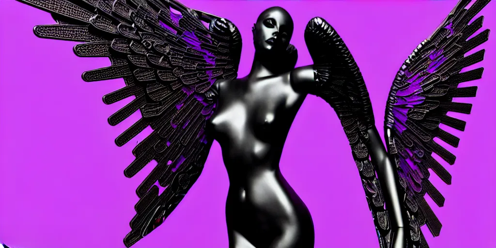 Image similar to a beautiful purple and black 3 d geometrically printed mannequin with angel wings!! in the style of james jean, chrome roses!!!! dripping black iridescent liquid, winged victory, moody, dramatic, introspective, 4 k, trending on artstation, photorealistic, volumetric lighting, octane render, tarot card with ornate border frame h - 1 0 2 4