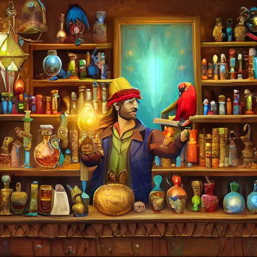 Image similar to MTG artwork of Anthro parrot trader in his shop, shelves full, selling a gem, portrait, items, magic potions, carpet, window, fancy funny hat, sly expression , cunning expression, cute expression, presenting magic gem, D&D, fantasy, cinematic lighting, highly detailed, digital painting, artstation, concept art, smooth, sharp focus, illustration, warm light, cozy warm tint, magic the gathering artwork, volumetric lighting, 8k, no gold, no gold colours, art by Akihiko Yoshida and Greg Rutkowski