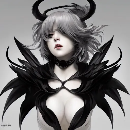 Prompt: a beautiful anime girl wtih balck horns and bat wings,white hair,full body painting,by Greg Rutkowski and Ilya Kuvshinov and Alphonse Maria Mucha,super clear details,hyper realistic,trending on artstation,8k