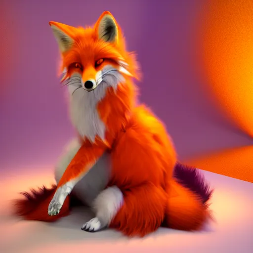 Image similar to majestic art of purple orange red furred anthropomorphic female furry fox wearing a maid dress, 8k resolution, high detail, ULTRA REALISTIC VFX, reflections, post processing